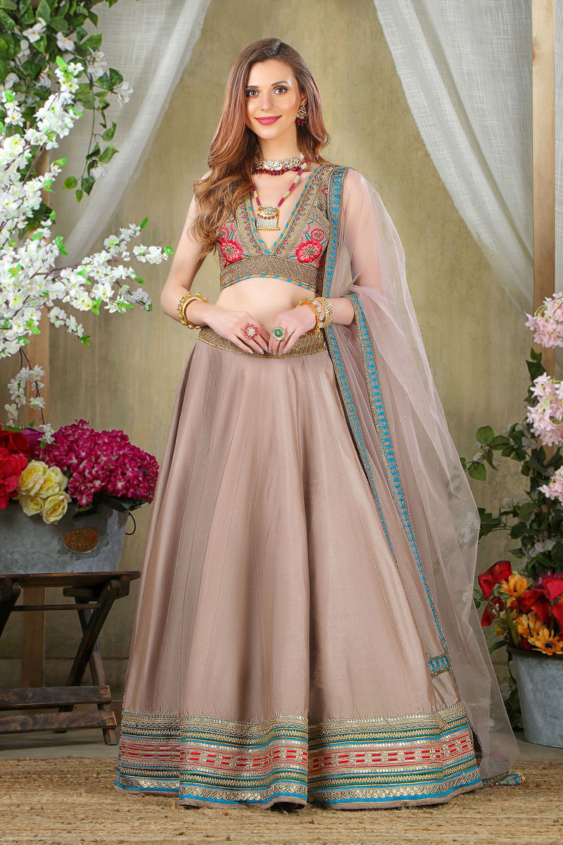 Grey Brown embroidered Top with matching Skirt