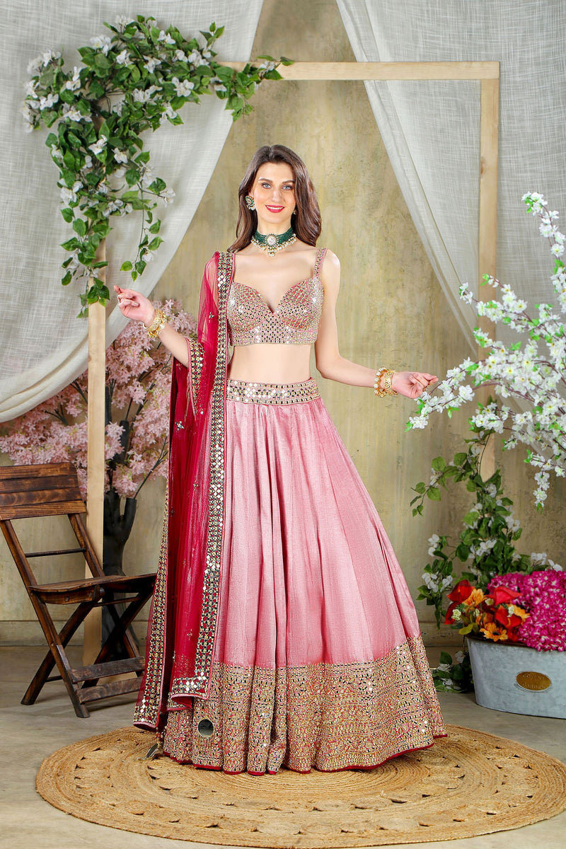 Mirror Embroidered Pink Blouse with matching Skirt