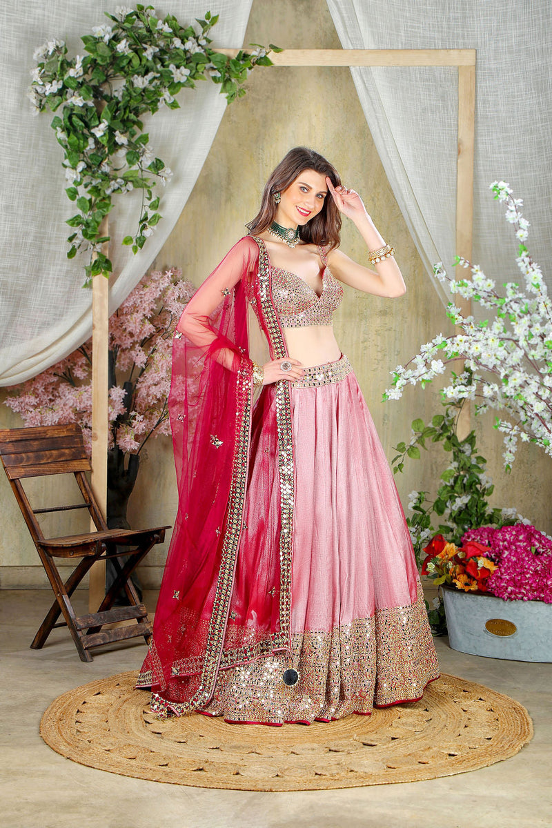 Mirror Embroidered Pink Blouse with matching Skirt