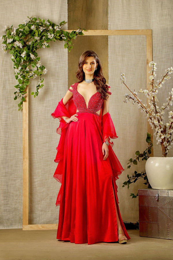 Satin gown with ruffle dupatta