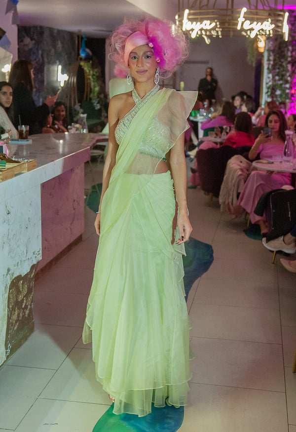 Mint halter embroidered top with drape saree