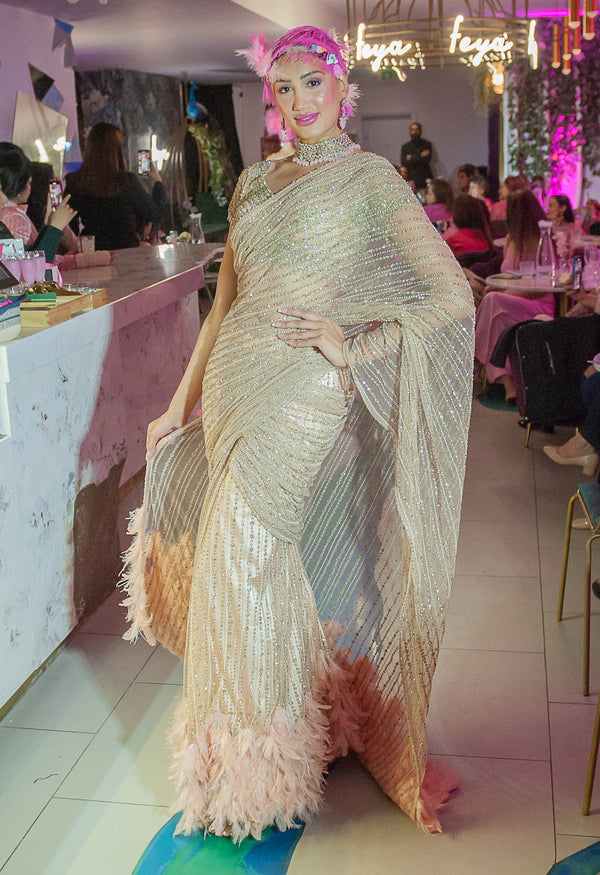 Nude Embroidered sarre with feathers