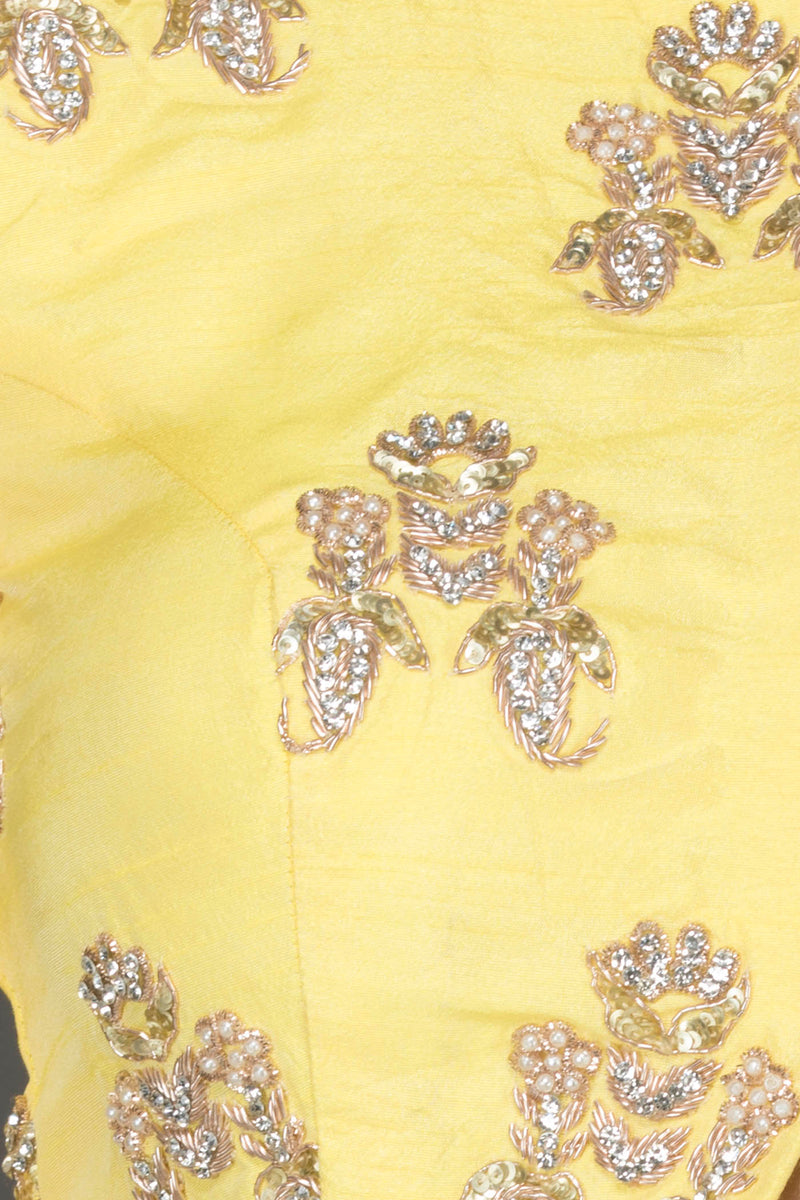 Silk Lehenga, Top and Net Dupatta with Gold Dabka and Pearl Embroidery