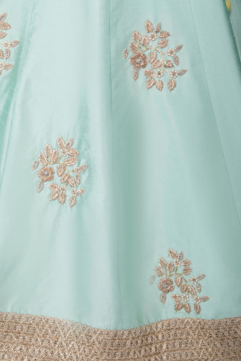 Silk Lehenga, Top and Net Dupatta with Gold Dabka and Pearl Embroidery