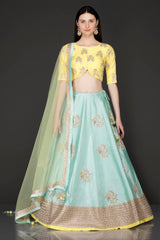 Silk Lehenga, Top and Net Dupatta with Gold Dabka and Pearl Embroidery