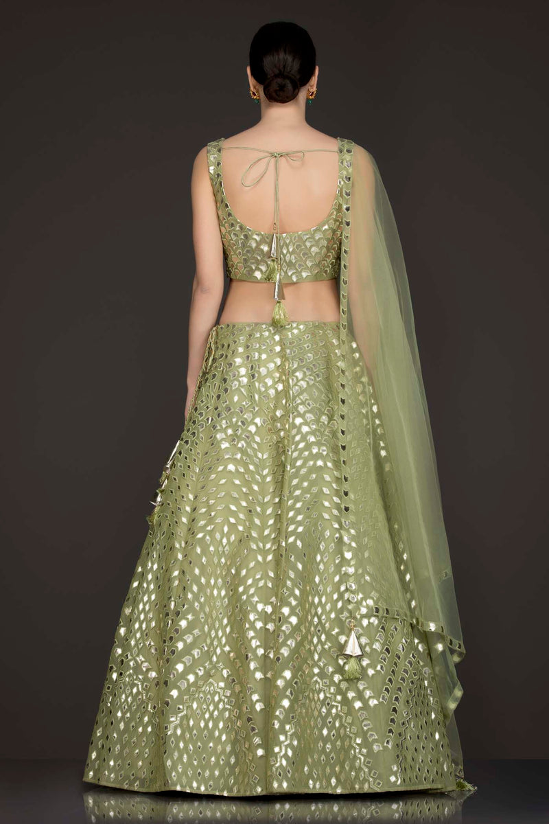 Olive Green Organza Lehenga-Top With Leather Patch Embroidery