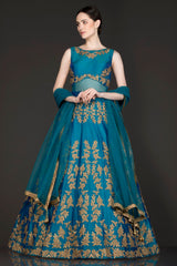 Ferozi Blue See Through Waist Anarkali/Gown With Net Dupatta