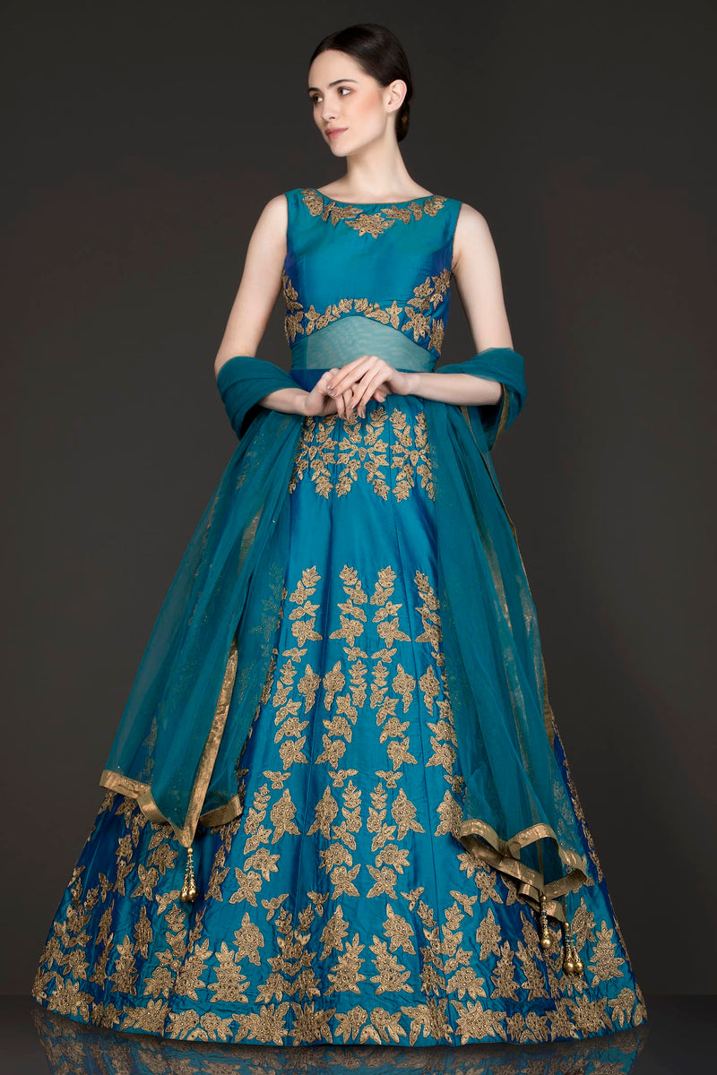 Ferozi Blue See Through Waist Anarkali/Gown With Net Dupatta