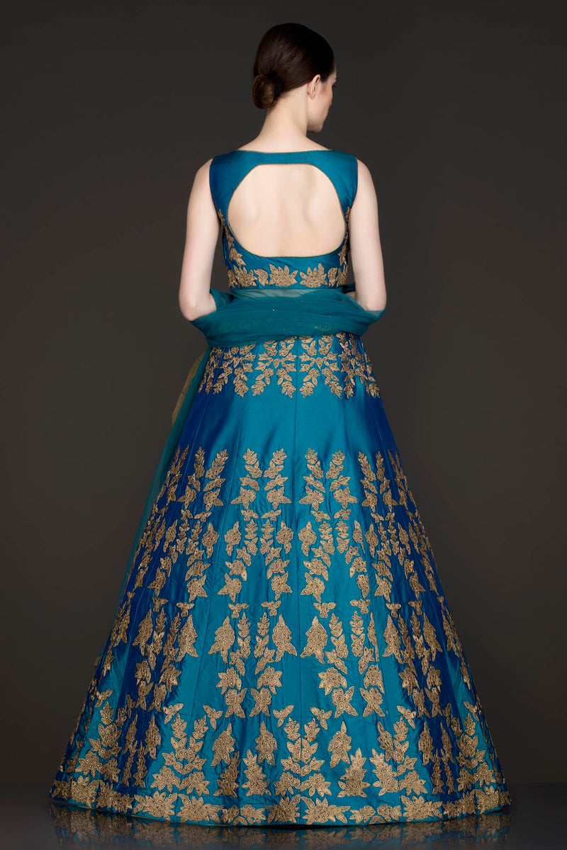 Ferozi Blue See Through Waist Anarkali/Gown With Net Dupatta