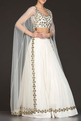 White Georgette Skirt With Net Cape And Silk Top