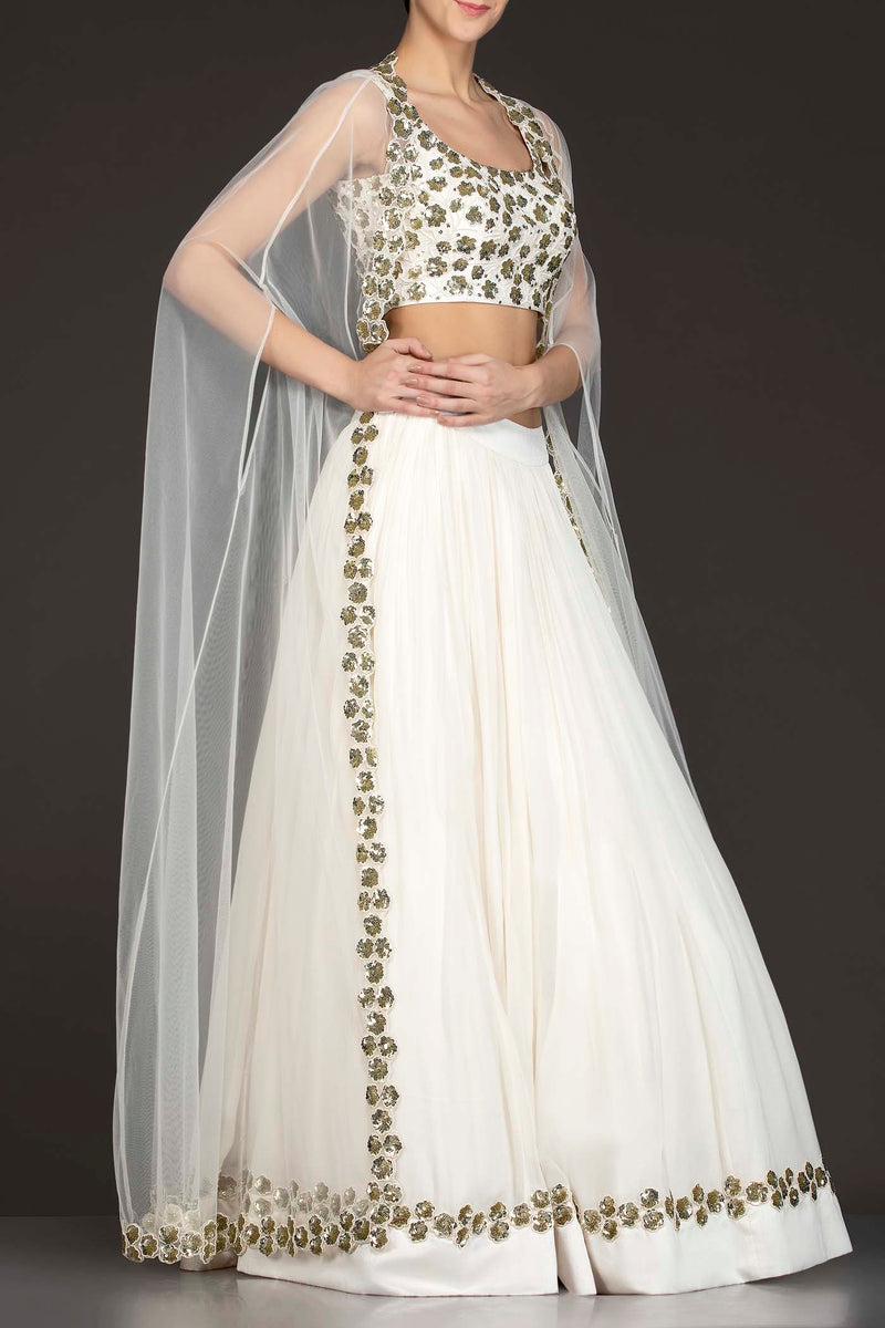 White Georgette Skirt With Net Cape And Silk Top