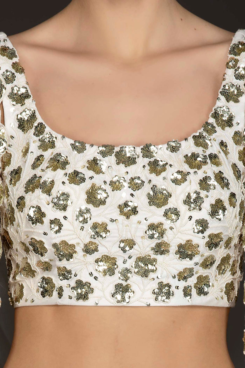 White Georgette Skirt With Net Cape And Silk Top