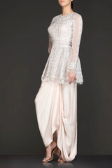 Ivory Colour Peplum Top With Ivory Crepe Pull Up Skirt