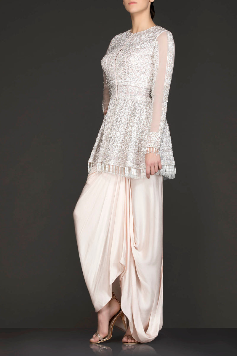 Ivory Colour Peplum Top With Ivory Crepe Pull Up Skirt