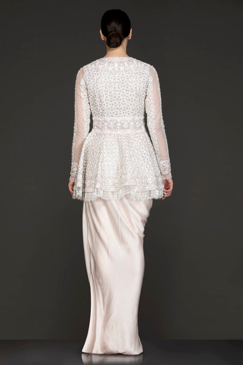 Ivory Colour Peplum Top With Ivory Crepe Pull Up Skirt