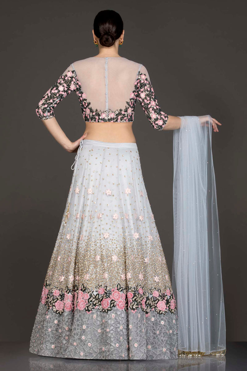 Light Grey Colour Net Lehenga Top Dupatta With Black And Pink Thread Work And Sequence Highlighting