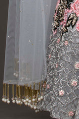 Light Grey Colour Net Lehenga Top Dupatta With Black And Pink Thread Work And Sequence Highlighting