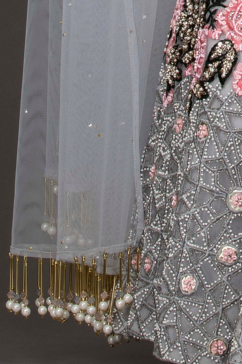 Light Grey Colour Net Lehenga Top Dupatta With Black And Pink Thread Work And Sequence Highlighting