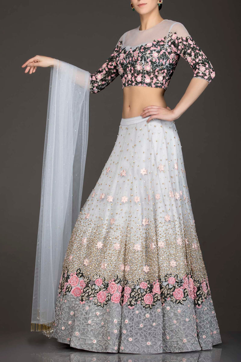 Light Grey Colour Net Lehenga Top Dupatta With Black And Pink Thread Work And Sequence Highlighting
