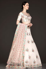 Gold Colour Silk Lehenga And Top With Peach Net Dupatta With Peach And Mint Thread Embroidery