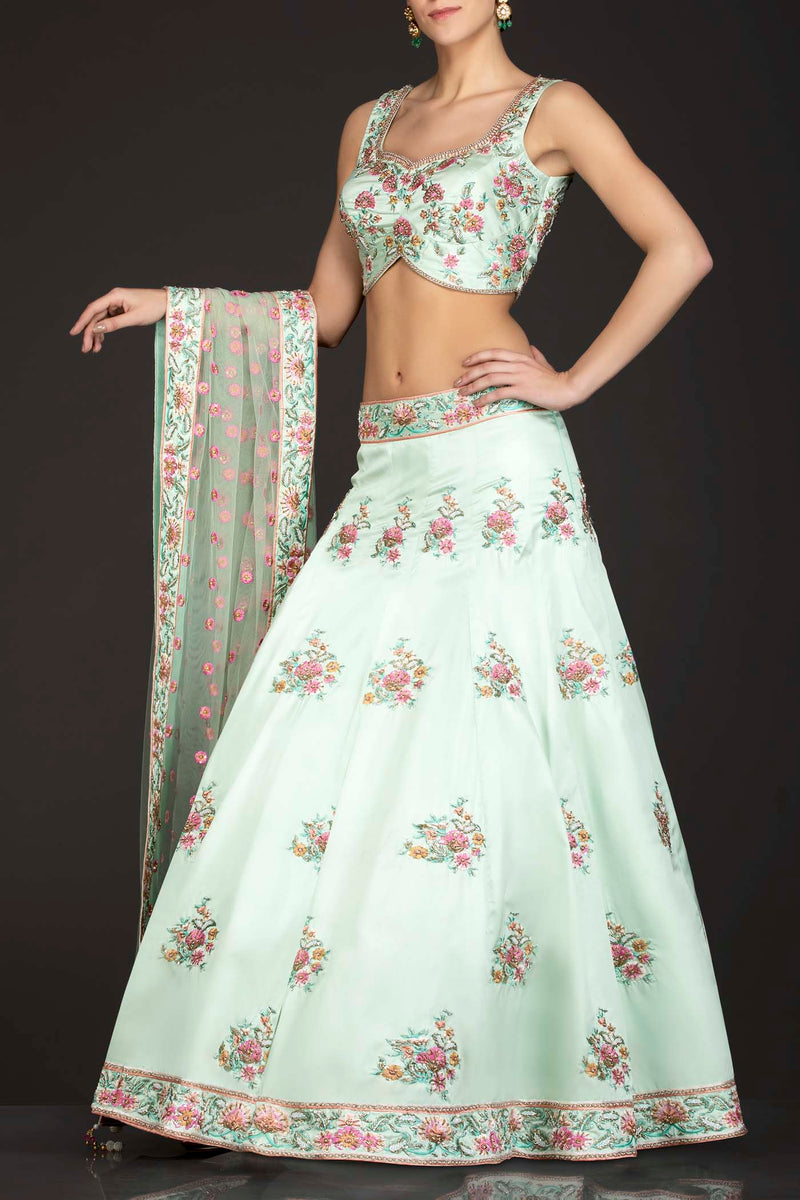 Mint Green Silk Top And Lehenga With Mint Green Net Dupatta