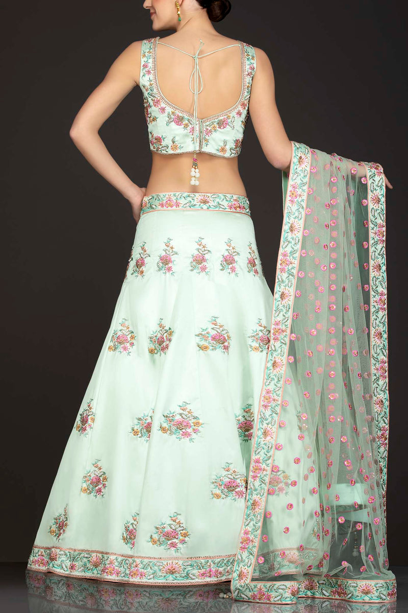 Mint Green Silk Top And Lehenga With Mint Green Net Dupatta