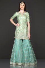 Mint Green Net Gota Patti Embroidery Sharara Top And Dupatta