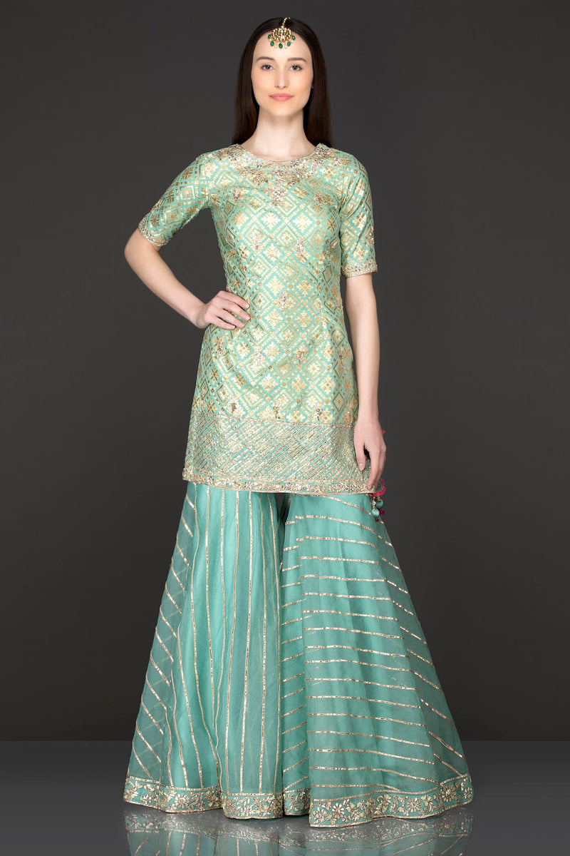 Mint Green Net Gota Patti Embroidery Sharara Top And Dupatta