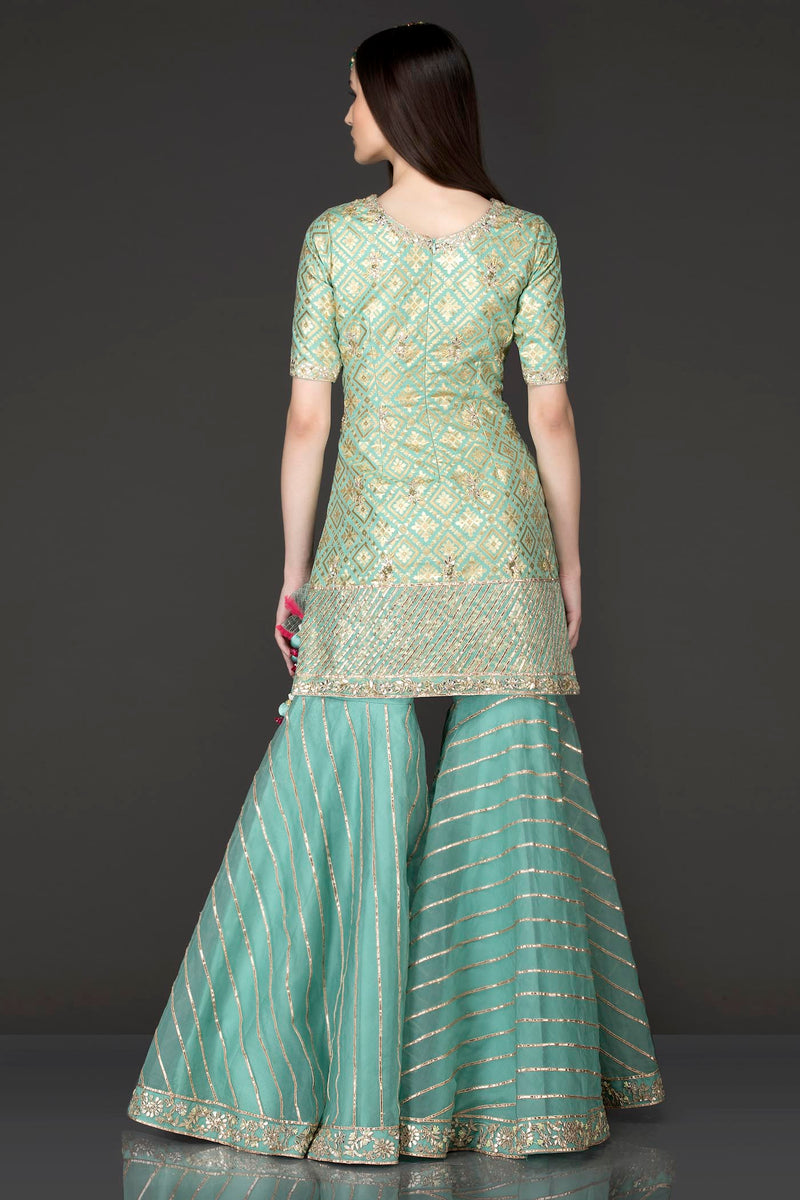 Mint Green Net Gota Patti Embroidery Sharara Top And Dupatta