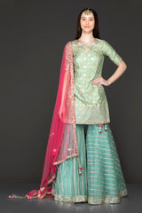 Mint Green Net Gota Patti Embroidery Sharara Top And Dupatta