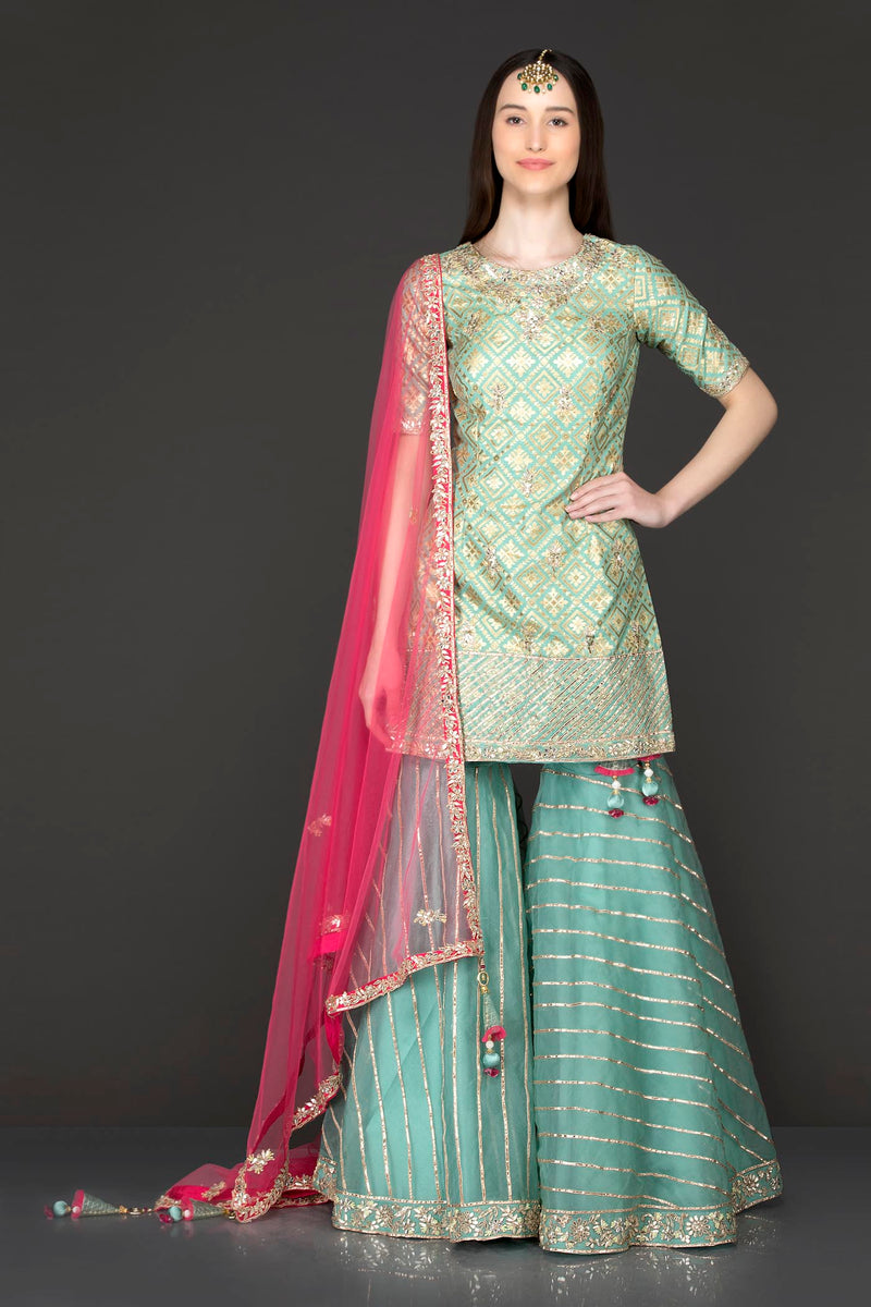 Mint Green Net Gota Patti Embroidery Sharara Top And Dupatta