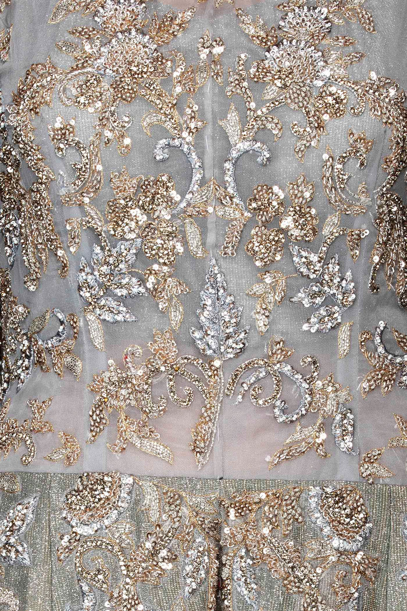 Grey To Dark Peach Ombre Sequence Jumpsuit Wih Silver Dabka And Stone Embroidery