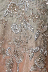Grey To Dark Peach Ombre Sequence Jumpsuit Wih Silver Dabka And Stone Embroidery
