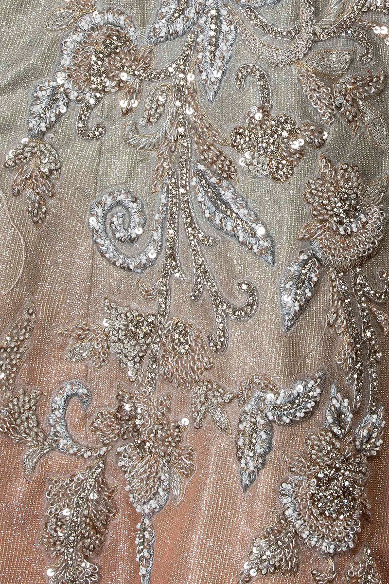 Grey To Dark Peach Ombre Sequence Jumpsuit Wih Silver Dabka And Stone Embroidery