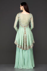 Mint Green Asymmetrical Peplum Top With Georgette Sharara And Net Dupatta