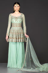 Mint Green Asymmetrical Peplum Top With Georgette Sharara And Net Dupatta