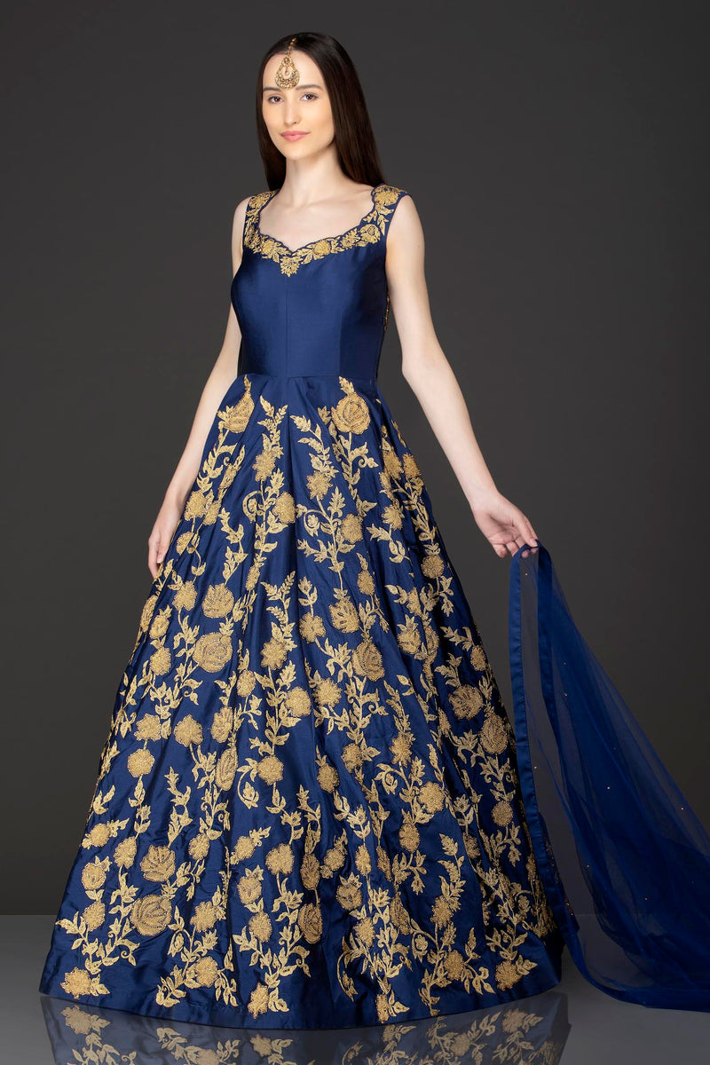 Royal Blue Silk Anarkali /Gown With Net Dupatta