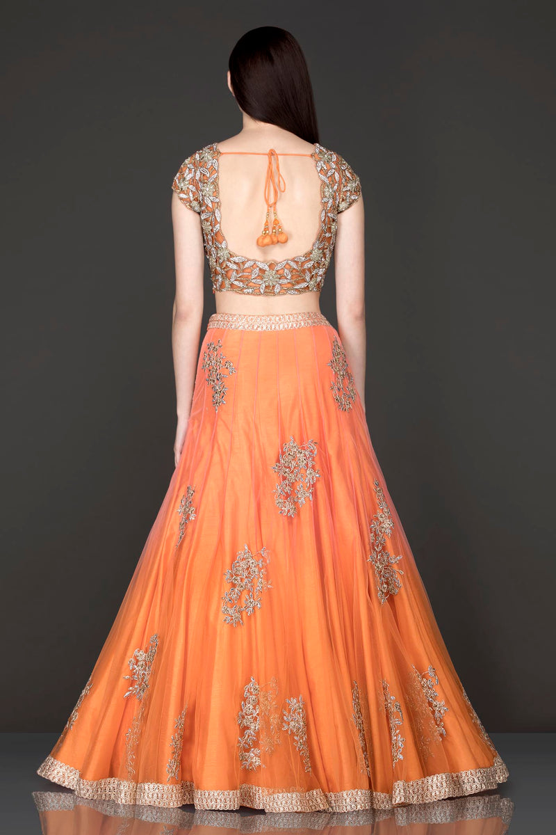 Burnt Orange Colour Lehenga Top And Dupatta With Cutwork Top