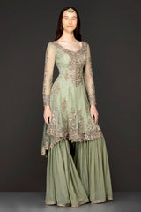 Mint Green Asymmetrical Peplum Top With Silk Inner And Georgette Sharara