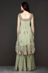 Mint Green Asymmetrical Peplum Top With Silk Inner And Georgette Sharara