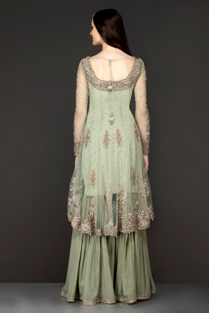 Mint Green Asymmetrical Peplum Top With Silk Inner And Georgette Sharara