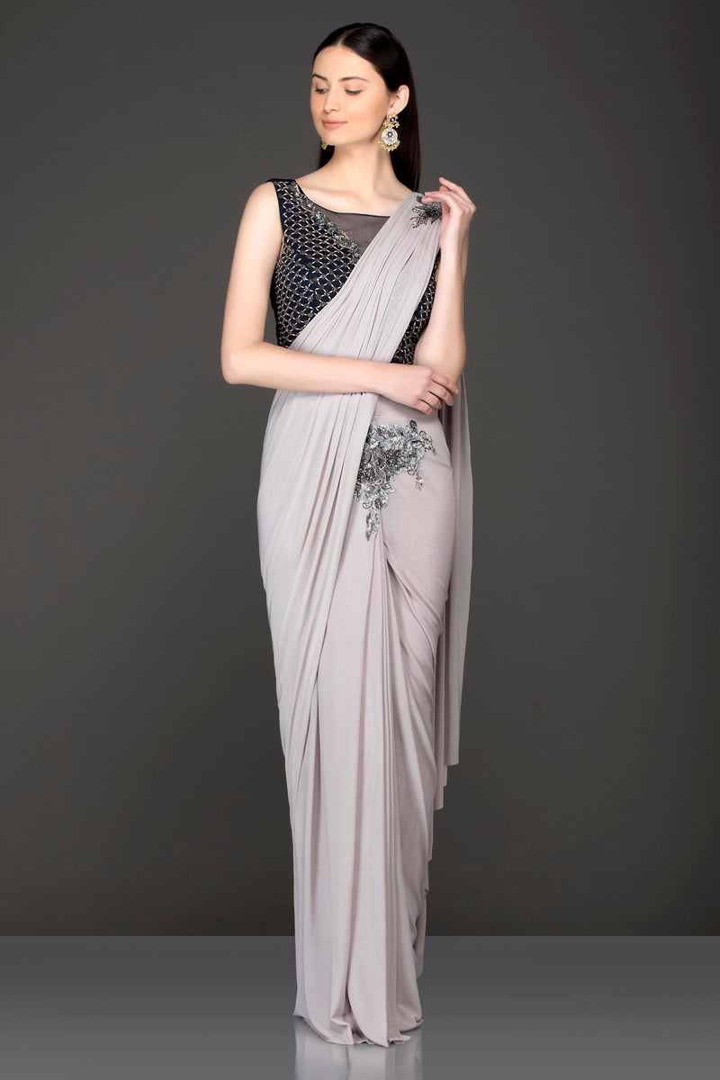 Grey Lycra Ready Pleated Saree With Black Velvet Blouse