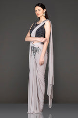 Grey Lycra Ready Pleated Saree With Black Velvet Blouse