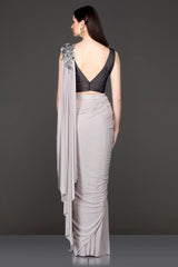 Grey Lycra Ready Pleated Saree With Black Velvet Blouse