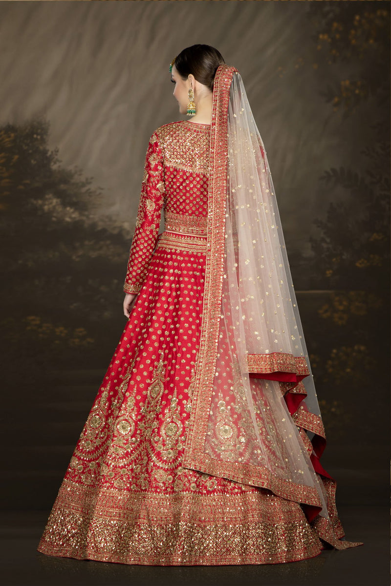 Traditional Red Bridal with a Belt and Contrasting Peach Dupatta