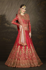 Traditional Red Bridal with a Belt and Contrasting Peach Dupatta