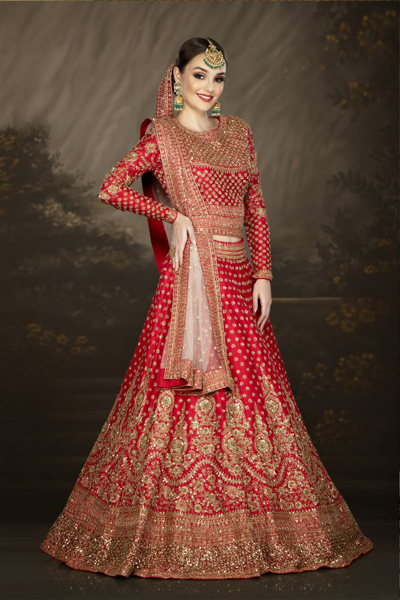 Traditional Red Bridal with a Belt and Contrasting Peach Dupatta