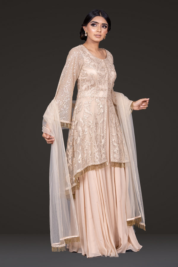 Beige Embroidered Peplum Sharara 