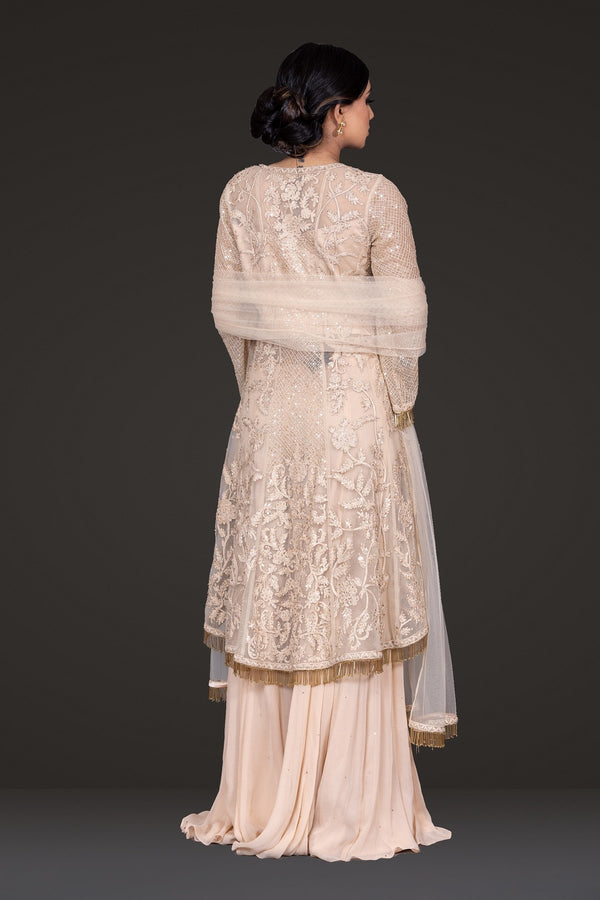 Beige Embroidered Peplum Sharara 