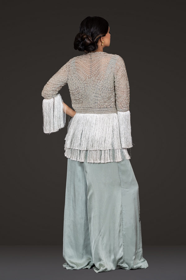 Stylish Jacket with Fringes, paired with palazoo